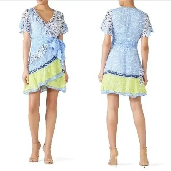 Tanya Taylor Bianka Silk Blend Wrap Dress Party Mini Leopard Short Sleeve Size 6 - Picture 16 of 16